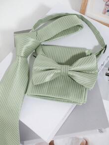 1 Set/1pc Men's Fashion Solid Striped Mint Green Necktie, Bow Tie, Pocket Square 3-Piece Set, Ideal For Weddings, Ceremonies, Formal Occasions, Parties, Gifting,Festival,Graduation Gift - A - View 8