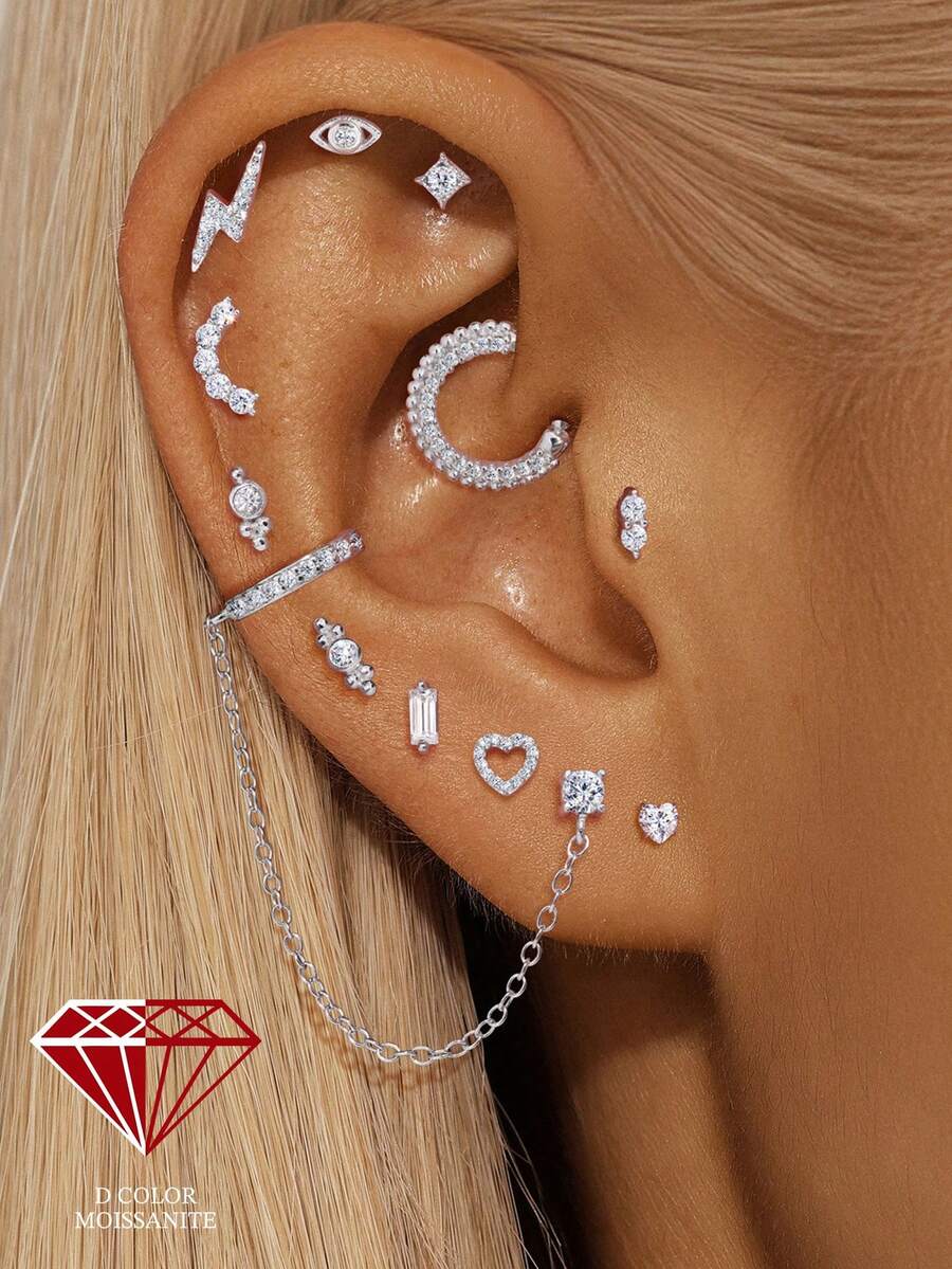 EleRunis 1PC 0.1ct Moissanite Diamond 925 Sterling Silver Star Heart Asymmetric Evil Eye Stud 18K Gold Plated Flat Back Cartilage Helix Piercing Bridal Jewelry For Daily Wear Wedding Party Engagement Anniversary Valentine's Day - Silver - View 1