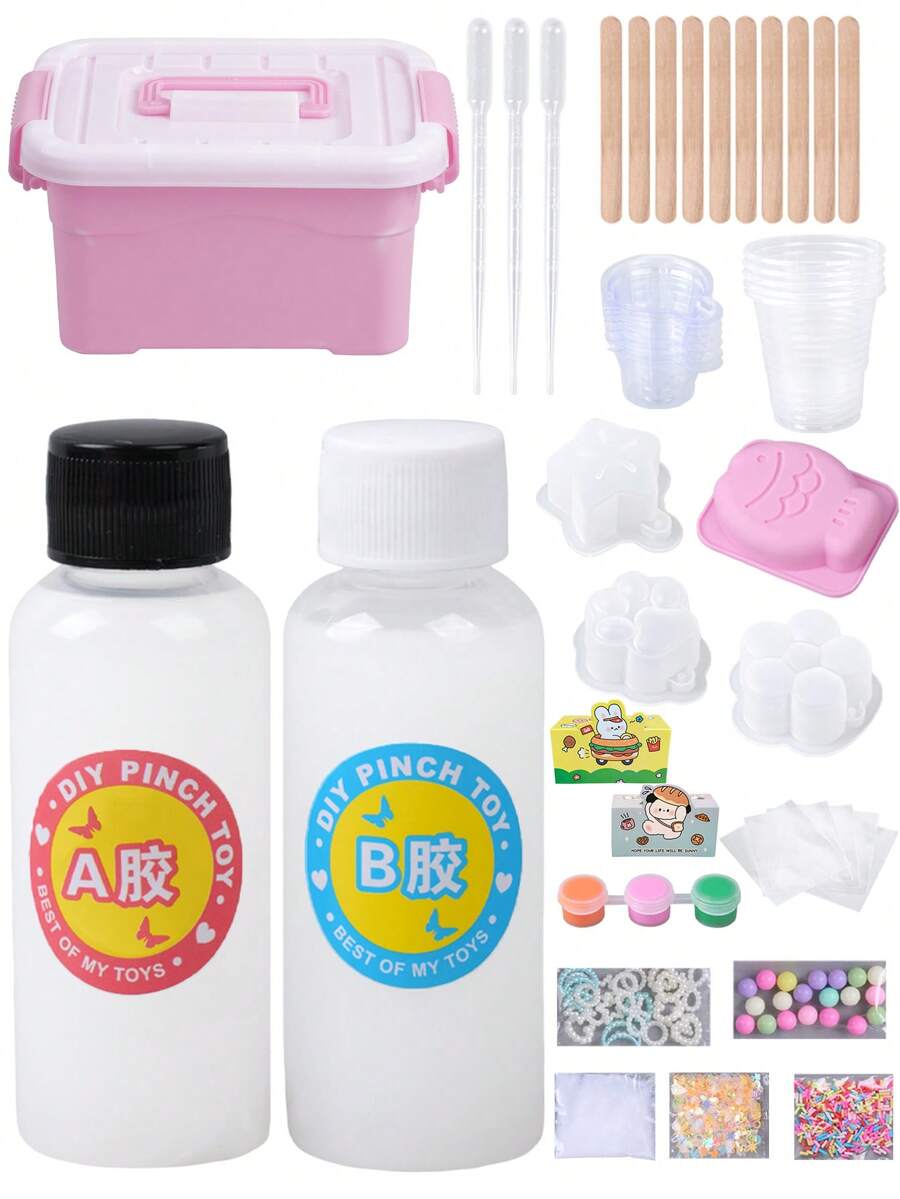 1:1 AB 液态硅胶橡皮泥工艺套装，含 4 个模具，DIY 软萌玩具制作套装，生日/节日礼物，派对小礼物，手工爱好 - set - 查看 1