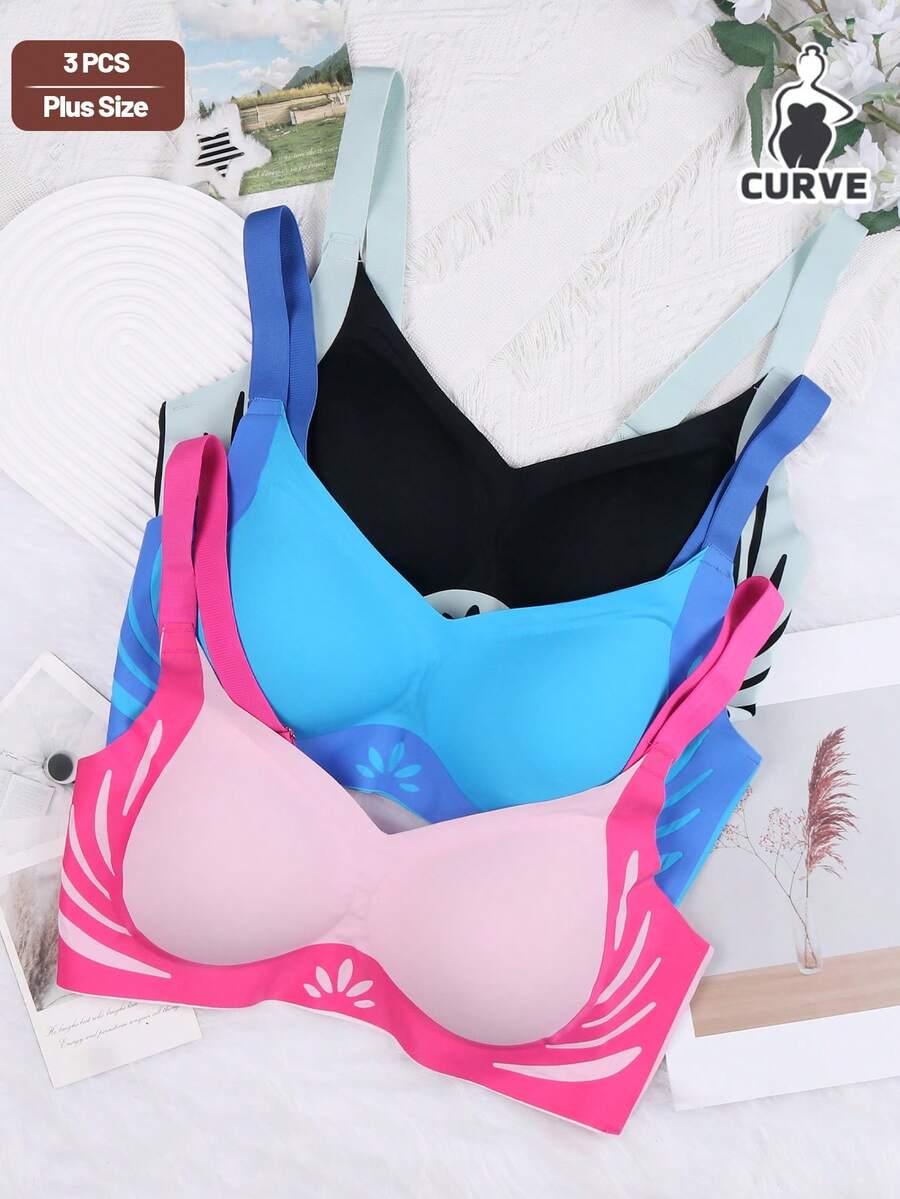 3pcs Plus Size Women's Wireless Bras, Fashion Colorful Striped Floral Removable Padded Adjustable Strap Seamless Soft Support Lift Bras, Suitable For Casual Daily Wear, Backless Design, Enhance Bust Curve - MulticolorB - 查看 1