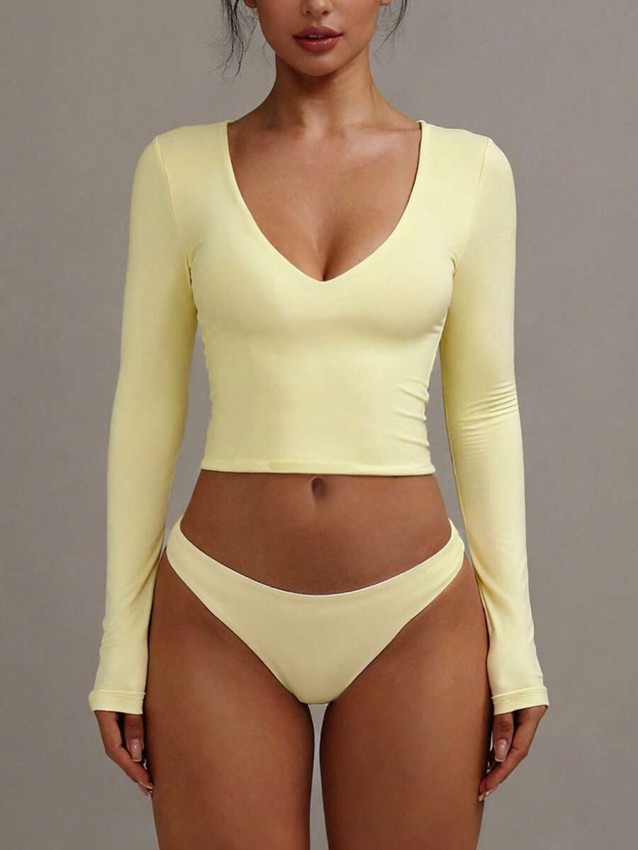 XLLAIS Sexy V-Neck Long Sleeve Cropped Top, Double-Layer High Elasticity Yoga Fabric Casual Spring - Yellow - View 1