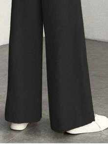 1件纯色涤纶纽扣口袋拉链裤，适合春、秋、冬季日常穿着，黑色 - 黑色 - 查看 4