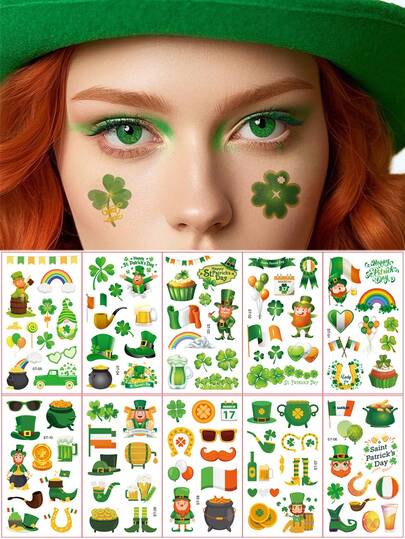 10 Sheets Waterproof Temporary Tattoos For St. Patrick's Day, Four Leaf Clover, Shamrock, Green Hat Pattern Tattoo Stickers For Women And Men Hand, Face And Body Makeup, Suitable For Irish Festival, Fake Tattoo Easy To Remove