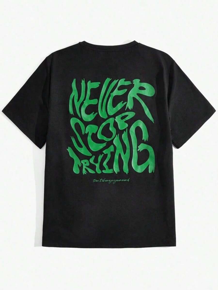 Graphic Tees Women Manfinity VCAY Men's Knitted Round Neck Letter Print Casual T-Shirt, Summer Men's Summer Casual 180g Pure Cotton T-Shirt Patterned Printed Short Sleeved Top T-Shirt - Black - View 1