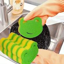5pcs/10pcs Frog Shaped Cleaning Sponges, Double-Sided Scrub Pads, Dish Washing Sponges, High Quality Kitchen Sponges, Strong Scrubbing Sponges, Super Absorbent, Cleaning Supplies, Cleaning Tools, Back To School Essentials - Frog - View 1