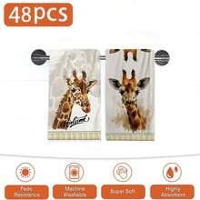 2/4/48pcs Spring & Summer Series Pale Yellow Plaid Trim, Watercolor Giraffe Head Print Kitchen Towels - Super Soft, Highly Absorbent Polyester Dish Towels & Hand Towels, Ideal For Holiday Decor, New Year Gifts, Kitchen Decor, Party Decorations - Multicolor - View 11