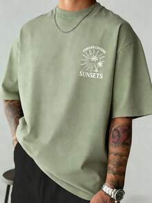 Fractyr Men's Casual Vacation Street Style Loose Fit Short Sleeve T-Shirt | Minimalist Palm Tree & Sun Letter Print | Sophisticated Design | Summer Essential | Versatile & Stylish - Olive Green - View 3