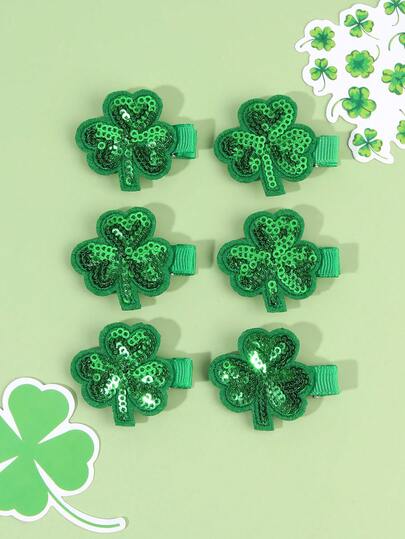 6pcs St. Patrick's Day Clover Hair Clips, Fabric & Glitter Hairpins For Girls, Cute Hair Accessories, Teenage Party Favors