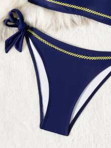 Bộ bikini hai mảnh gợi cảm tối giản dành cho nữ mùa hè, kiểu dáng dây mảnh, thích hợp cho đi biển, nghỉ dưỡng, thanh lịch, chất liệu co giãn cao, dây buộc vai và quần bơi buộc bên hông. - Màu xanh hải quân - Xem 8