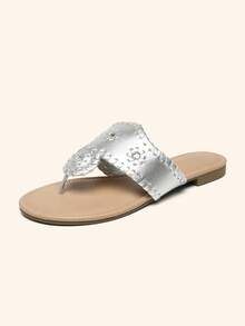 Women's Casual Thong Flip Flops Comfortable Flat Sandals Fashionable Beach Shoes, Suitable For Walking, Working, Beach Vacation And Home Wear - 銀色 - 查看 2