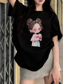 日系女式宽松圆领休闲百搭印花短袖T恤，春夏款 - 高級黑 - 查看 2