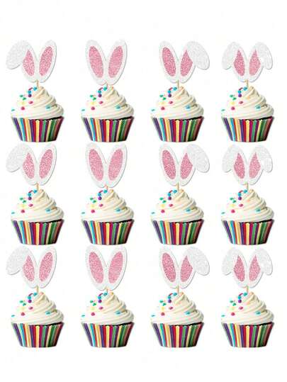 24pcs-Rabbit Ear Cake Topper, Rabbit Ear Easter Scallion Cake Topper, Easter Cupcake Toppers Decorations, Party Decoration, Rabbit Decoration, Easter Decoration