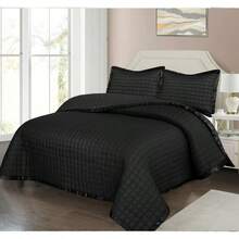 Eversible Quilted Bedspread Set – Osca Embossed Design, Soft Microfibre Cover With Cotton Filling & Matching Pillow Sham (S) - Black - View 11