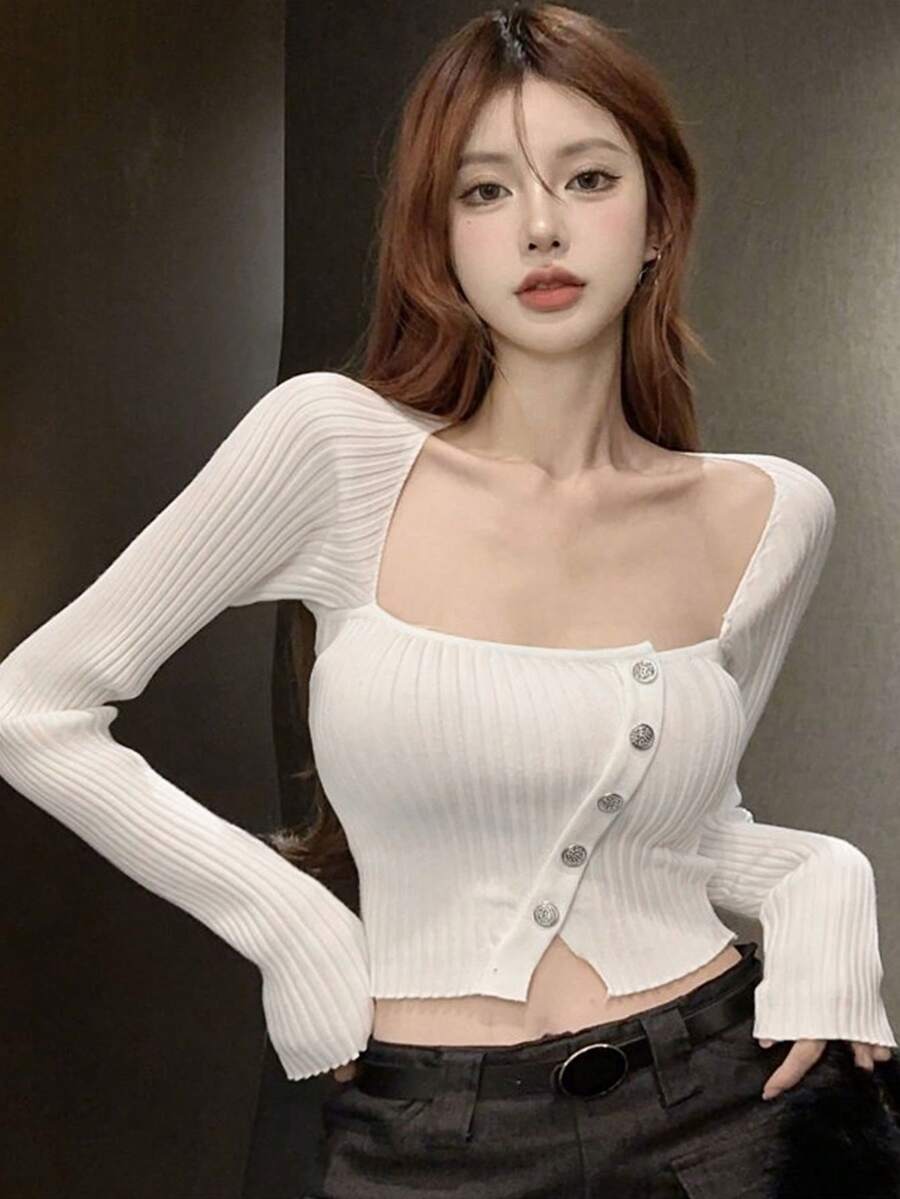 新款性感方领针织露脐短款上衣，露脐设计，高腰修身，适合春夏穿着 - 乳白色 - 查看 1