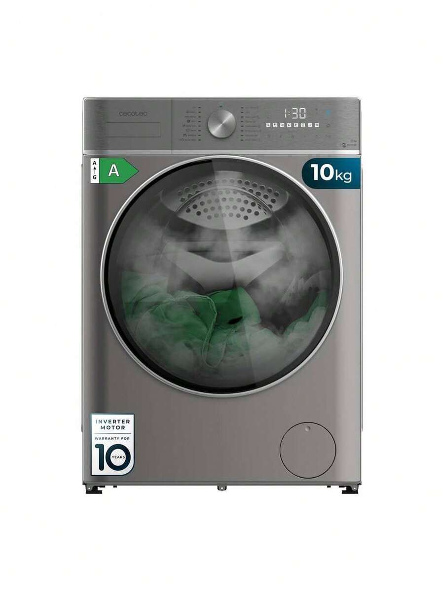 Cecotec 10-6公斤前置式變頻洗衣乾衣機（鋼色A）：節能高效，採用變頻馬達和16種程序，OnSmart智慧洗滌系統，SteamMax抗菌蒸汽，珍珠內筒帶來更佳烘乾效果，運行安靜流暢，模糊邏輯優化，滾筒清潔功能。 - 查看 1