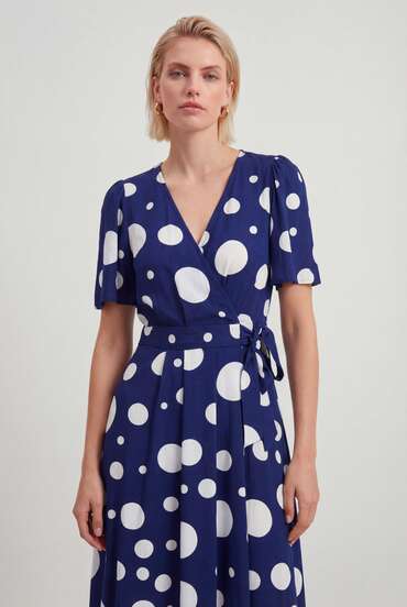 Naf Naf Polka Dot Wrap Midi Dress Robes Midi Navy Blue Fabric