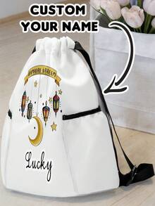 1pc Customized Name Cartoon Ramadan Crescent Moon & Rainbow Pattern Drawstring Backpack, Sports Bag With Pockets, Customizable Based On Your Unique Design, Back To School Gift, Perfect For Kids, Print Your Own Name Or Sister's And Classmate's Name As A Gift - Multicolor - View 2