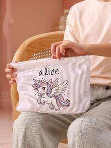 1pc Customized Name Cartoon Pony Pattern Corduroy Toiletry Storage Bag, Perfect Choice For Organizing Toiletries When Traveling, Can Be Customized According To Your Unique Design, Very Suitable For Children, Print Your Own Name Or Print Your Sister's And Classmates' Names As A Gift To Give To Others - Multicolor - View 8