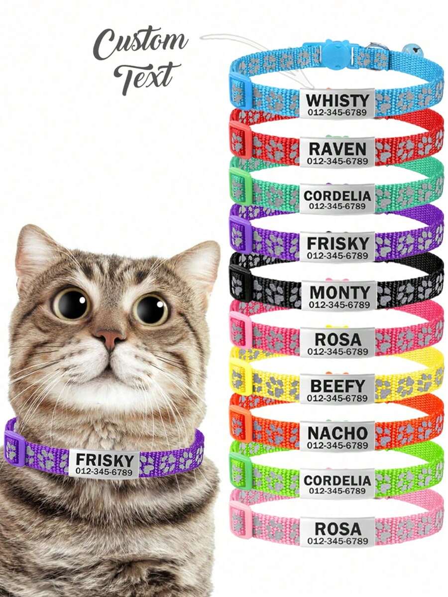 Personalized Cat Collar With Stainless Steel Nameplate, Multi-Color Reflective Paw Print Adjustable Nylon Cat Dog Collar With Bell And Customized ID Pendant Tag Ornamental, Engraved, Stainless, Cat Cuties, Customized Cat Tags Personalized Small - Multicolor - View 1