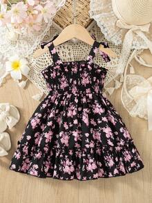 Baby Girl Floral Print Spaghetti Strap Bow Ruffle Hem Fashion Party Dress - Pink - View 2