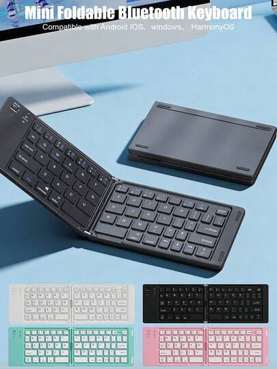 蓝牙超薄折叠键盘，兼容智能手机、平板电脑、笔记本电脑，支持同时连接3台设备，静音打字，便携迷你键盘，兼容安卓、iOS、Windows、鸿蒙操作系统，适合旅行、商务、家庭办公使用。