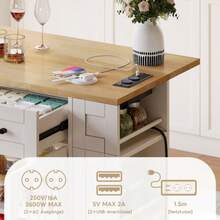 120cm Tragbare Kücheninsel Mit Klappbarem Esstisch, Offener Ablage, AC-Anschluss, USB-Anschluss, Glastür, Verstellbares Laminat, Rollen Mit Bremsen Für Küche, Esszimmer, Wohnzimmer Und Mehr. - White - View 3