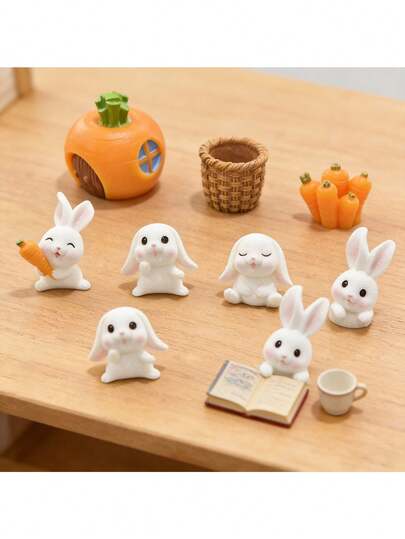 7件套迷你可爱白兔胡萝卜屋树脂摆件套装，微景观装饰配件，桌面盆栽装饰道具，创意复活节主题装饰，家居点缀，适合DIY微缩场景布置