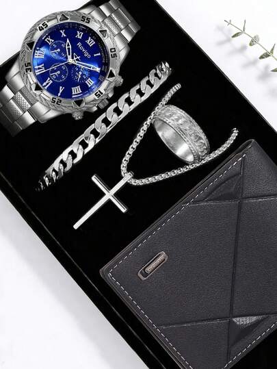 5-Piece Minimalist Business Men's Quartz Watch Set, Men's Hardcore Luxury Accessory Set (Including Silver-Tone Metal Watch, Cuban Link Silver Bracelet, Silver Cross Pendant Necklace, Engraved Silver Ring, Black Embossed Leather Wallet). Featuring A Cool Silver Metal And Deep Blue Color Scheme, The Embossed Metal Watch Strap Ensures A Premium Wearing Experience.
