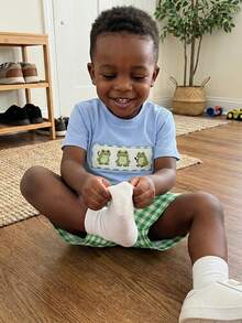 Toddler Baby Boys Frog Outfit 2Pcs Infant Summer Clothes Embroidery Short Sleeves T Shirts And Gingham Shorts Set - 藍色 - 查看 4