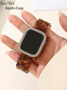 1 Bộ Dây đeo đồng hồ + Vỏ đồng hồ - Dây đeo đồng hồ bằng nhựa in họa tiết đồi mồi và da báo, tương thích với các loại dây đeo (38/40/41/42/44/45/46/49mm). Vỏ đồng hồ mạ vàng hồng rỗng, chống sốc và chống trầy xước, đính hai hàng kim cương, phù hợp với các dòng Ultra/11/10/9/8/7/6/5/4/3/2/1/SE. Dây đeo đồng hồ unisex, phụ kiện đồng hồ thông minh, lý tưởng cho mùa xuân và mùa hè. - Beo - Xem 11