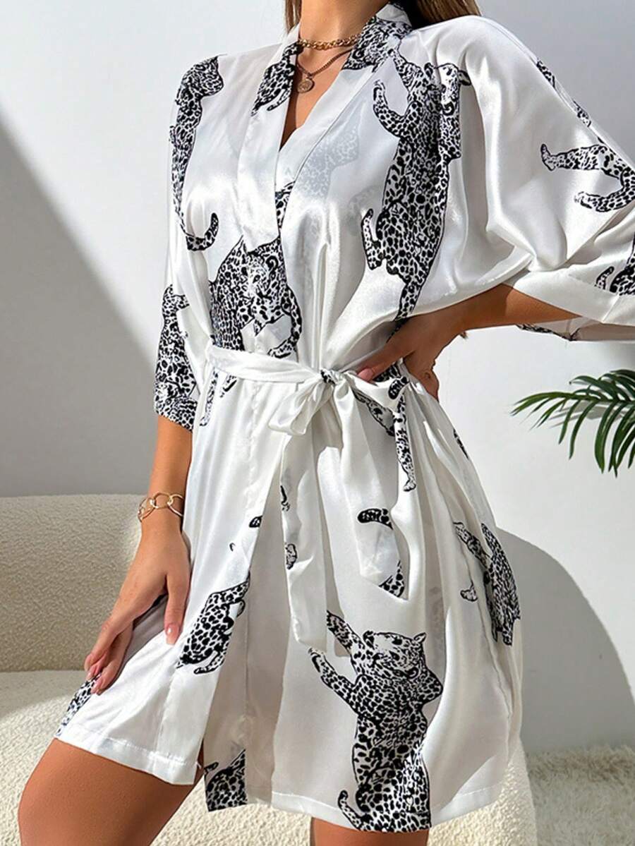 3pcs Women's Tie-Front Robe, Sexy Faux Silk Sleepwear Bathrobe, Casual Homewear, Minimalist Fashionable Tie-Front Robe, Suitable For Bathroom, Bedroom And Other Home Occasions, Holiday Gift, Valentine's Day Gift - Multicolor - View 1