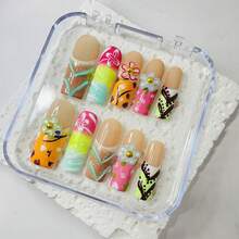 NailLuxe 10 PCS Handmade Square Press-On Nails | Summer Colorful Graffiti & Floral Sweet Fun Style With Nude & Multi-Color Bases, Graffiti Pattern & 3D Floral Embellishments - Yellow - View 1