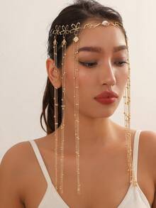 1pc New Vintage Wave Metal Plate Headband, Simple Metallic Texture Tassel Sequin Multi-Layer Hair Accessories (Plate Quantity Random) Halloween - Multicolor - View 15