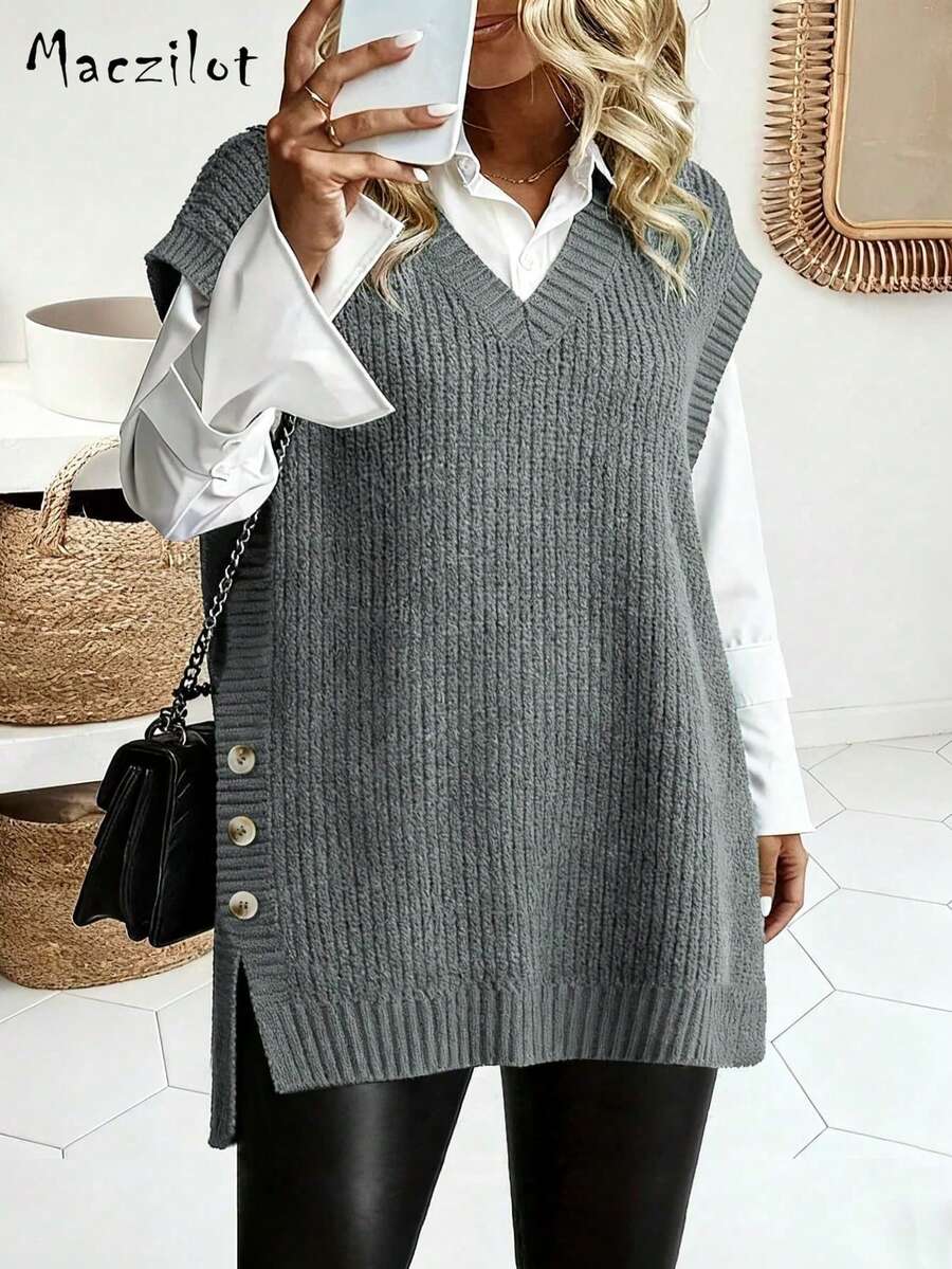 Plus Size Women's Autumn/Winter V-Neck Sleeveless Pullover Vest, Loose Fit, Comfortable, Versatile, Front Short Back Long Hem With Side Slits And Buttons, Slimming Layering Sweater - Grey - View 1