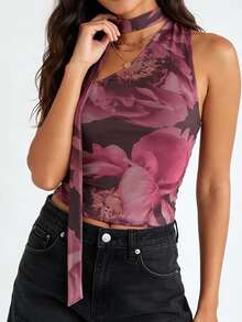 Chaleco de verano para mujer, sin mangas, con cuello halter, de un solo hombro, con estampado floral/de lunares y colores sólidos - Colores mixtos - Ver 4