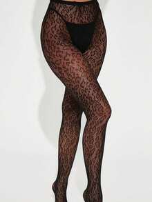 1件朋克风黑色豹纹渔网连裤袜，女士大腿高筒紧身设计，街头酷女孩迷你裙派对装扮必备单品，四季皆宜，性感舒适，高弹防勾丝长筒袜 - 黑色 - 查看 3