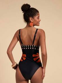Black Cutout Spaghetti Strap Top Orange Floral Embellishment Paired With Dark Brown Geometric Print Wide-Leg Pants Beach Pool Party - 彩色 - 查看 2