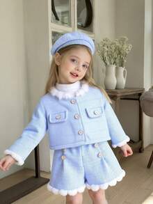 Baby Girls' Cute Furry Collar Cardigan, Solid Color Long Sleeve T-Shirt With Faux Pocket, And Furry Shorts 3-Piece Set With Matching Beret Hat, Elegant And Warm Outfit For Girls, Suitable For Spring/Autumn Outings - Blue - View 4