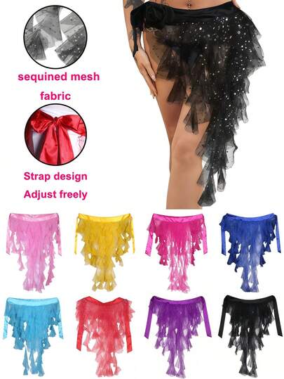 1pc 8-Color Selectable Belly Dance Highlight Mesh Nine-Tailed Fox Waist Belt Waist Chain Waist Accessory Charming Egyptian Style Waist Chain, Sequin Ruffle Sheer Layered Skirt, Tassel Hip Scarf, Sheer Layered Belly Dance Party Puff Skirt, Adjustable Waistband, Suitable For Party, Banquet, Dance, Performance, Evening