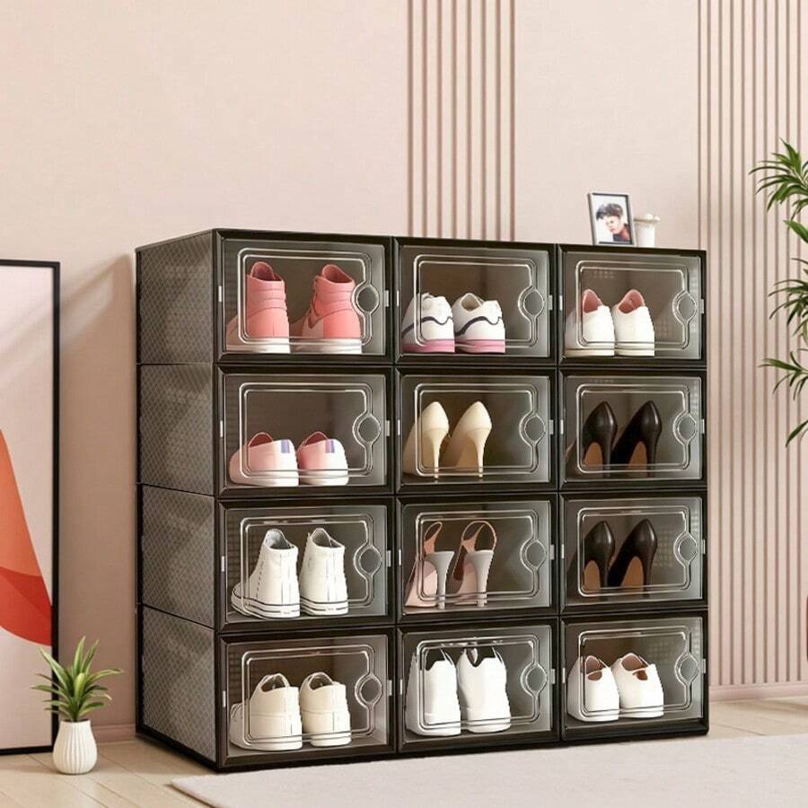 Thick Transparent Shoe Box With Lid, Foldable & Stackable Plastic Shoe Rack Organizer - Waterproof, Space-Saving Storage For All Shoe Types - Ideal For Foyer, Bedroom, Home, Dormitory - 黑色-12個 - 查看 1