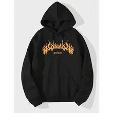 Men'S Print Long Sleeve Hoodie With Drawstring, Polyester 100% Knit Fabric, Slight Stretch, Loose Fit, Sports Style, 185g/M² Weight, Firepower Graphic Design - 黑色 - 查看 6