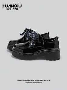 HUANQIU 黑色百搭厚底粗跟牛津鞋，休闲套脚乐福鞋，饰有格子蝴蝶结，日系JK风格 - 黑色 - 查看 1
