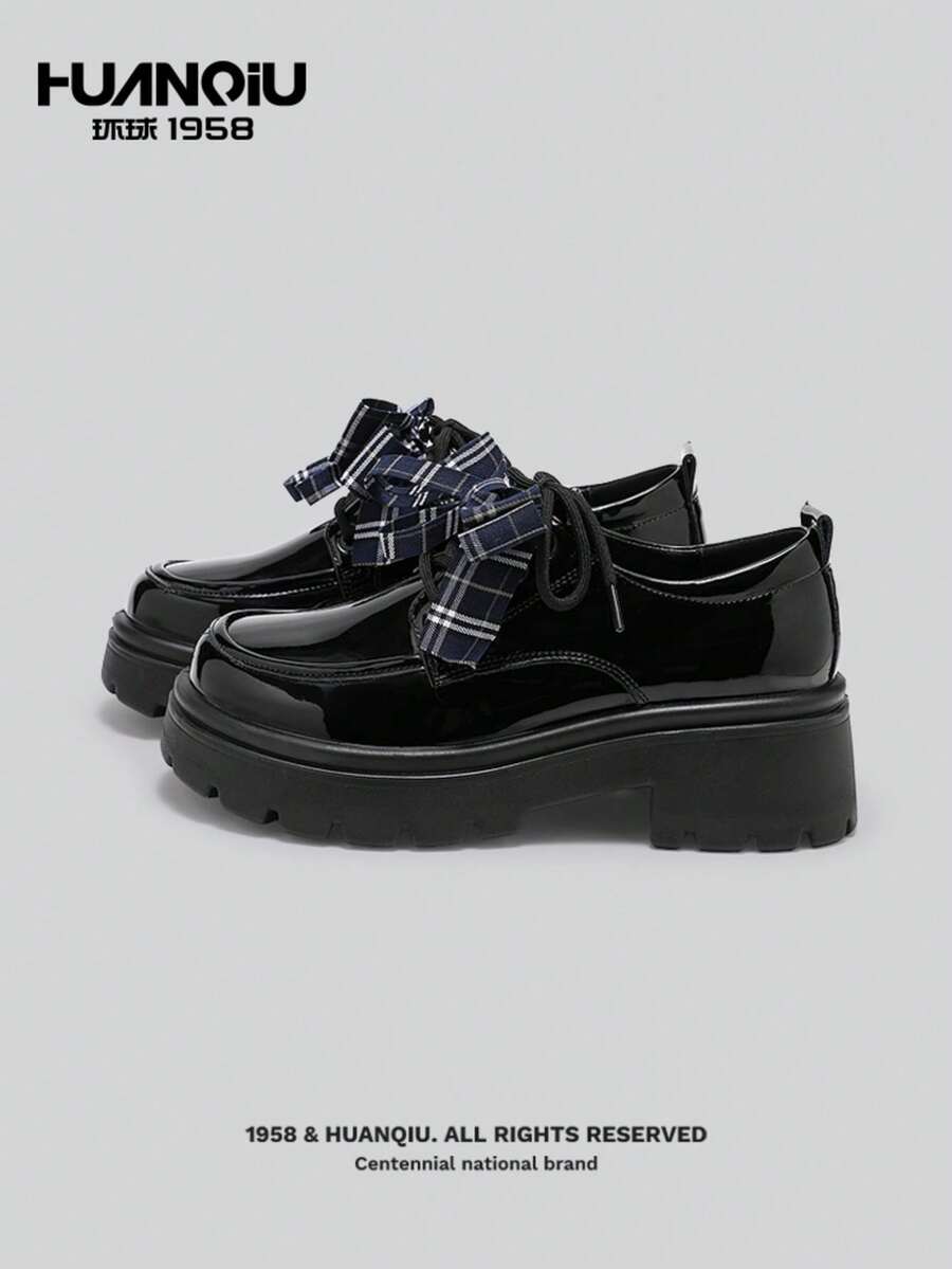 HUANQIU 黑色百搭厚底粗跟牛津鞋，休闲套脚乐福鞋，饰有格子蝴蝶结，日系JK风格 - 黑色 - 查看 1