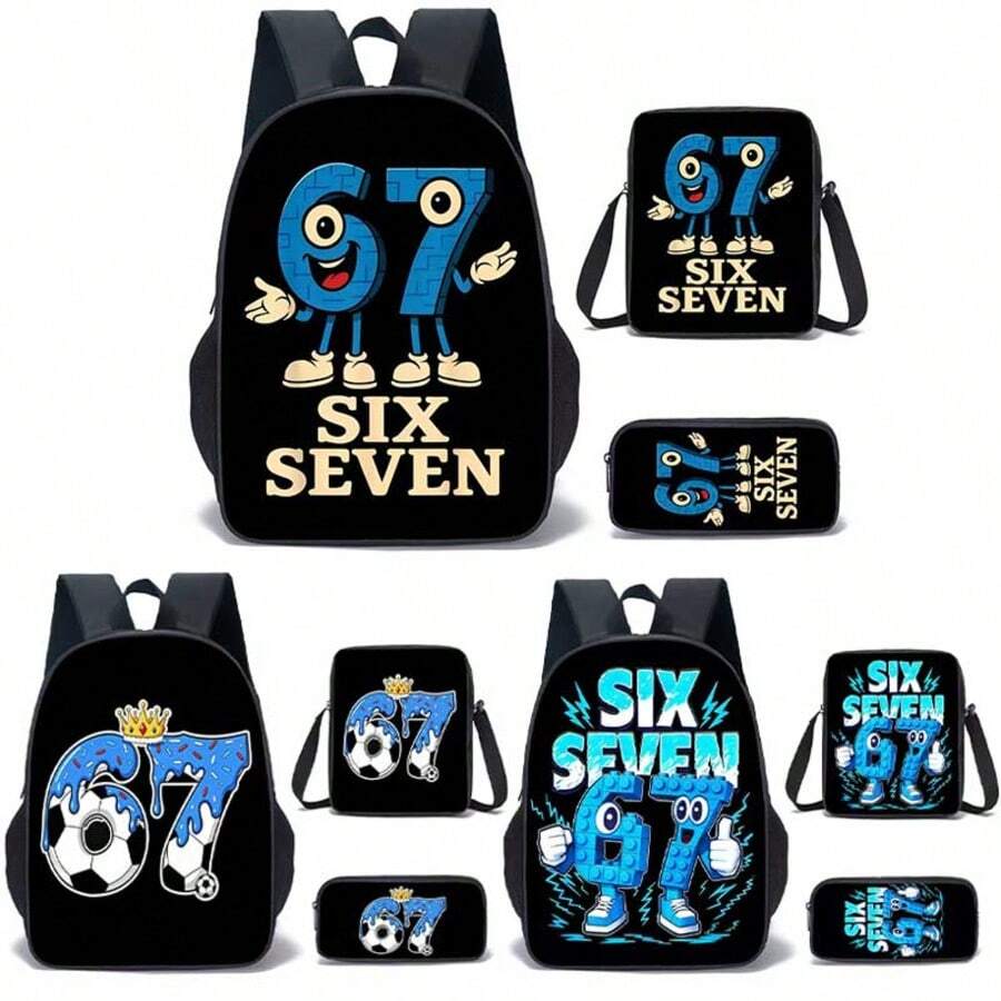 3pcs/Set Creative Pattern Student Backpack 15", Lightweight Outdoor Casual Backpack, Unisex, 3pcs Set Includes Backpack, Messenger Bag And Pencil Case - 16-inch Three-piece Set - View 1