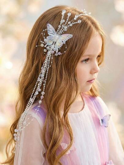 1个/2个女孩手工蝴蝶流苏发夹，适合婚礼季装饰、日常装饰