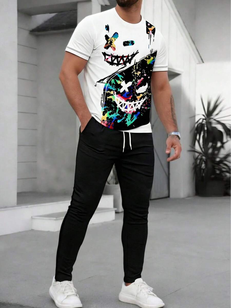 Men's Casual Street Style Short Sleeve Top And Pants Set - Multicolor - View 1