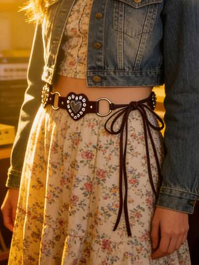 1pc Heart Knot Studded Belt, Polka Dot Bohemian Casual Palace Style PU Jeans Belt, Versatile For Outdoor, Festival, Commuting