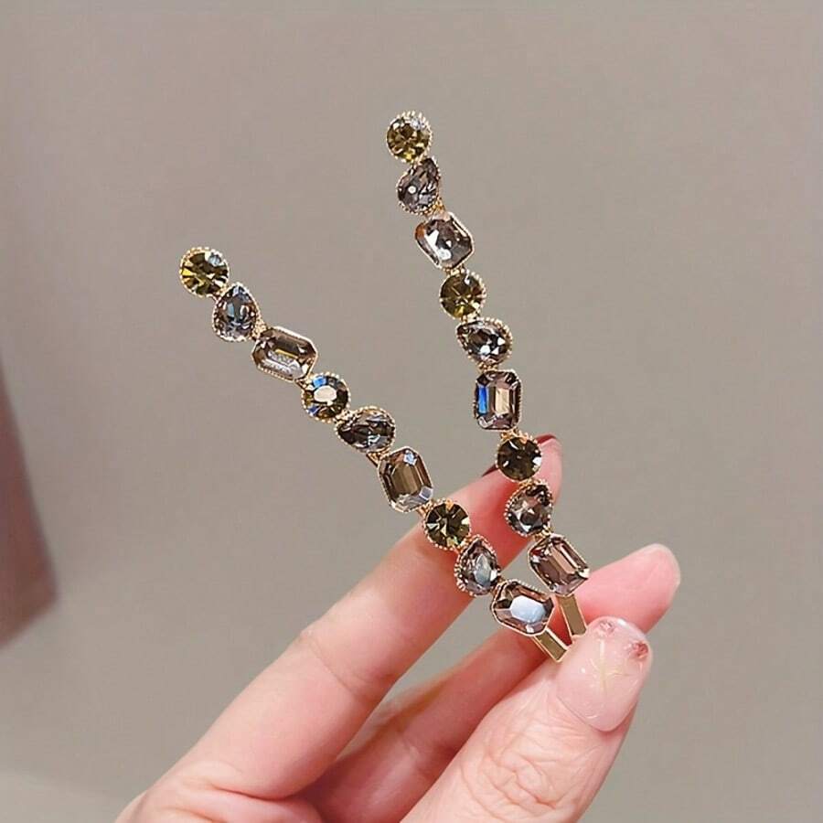 1个复古水钻优雅一体式侧边几何图案锌合金时尚侧刘海发夹 - 金色 - 查看 1