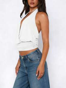 Women Cowl Neck Halter Tops Draped Front Low Cut Backless Tank Top Ruched Open Back Going Out Tops - White - View 5