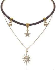女士分层向日葵棕色皮革颈链，独特设计，可佩戴于锁骨处 - 太陽花疊戴項鍊 - 查看 5